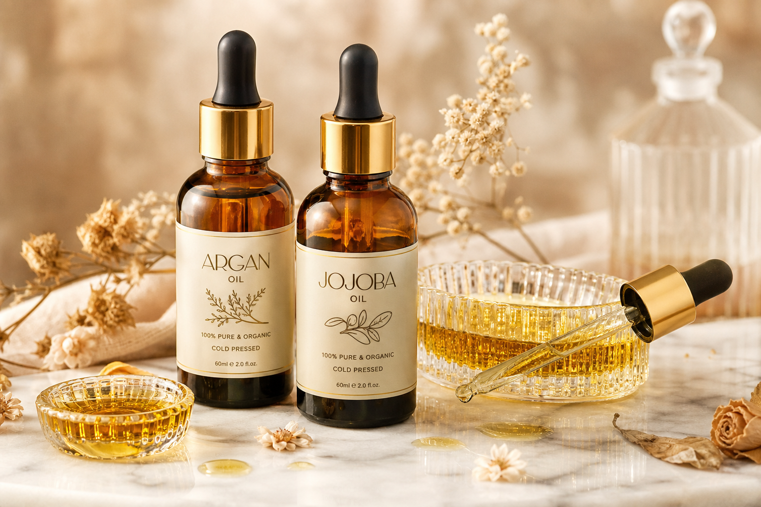 Huiles cosmétiques — argan, jojoba, soin corps
